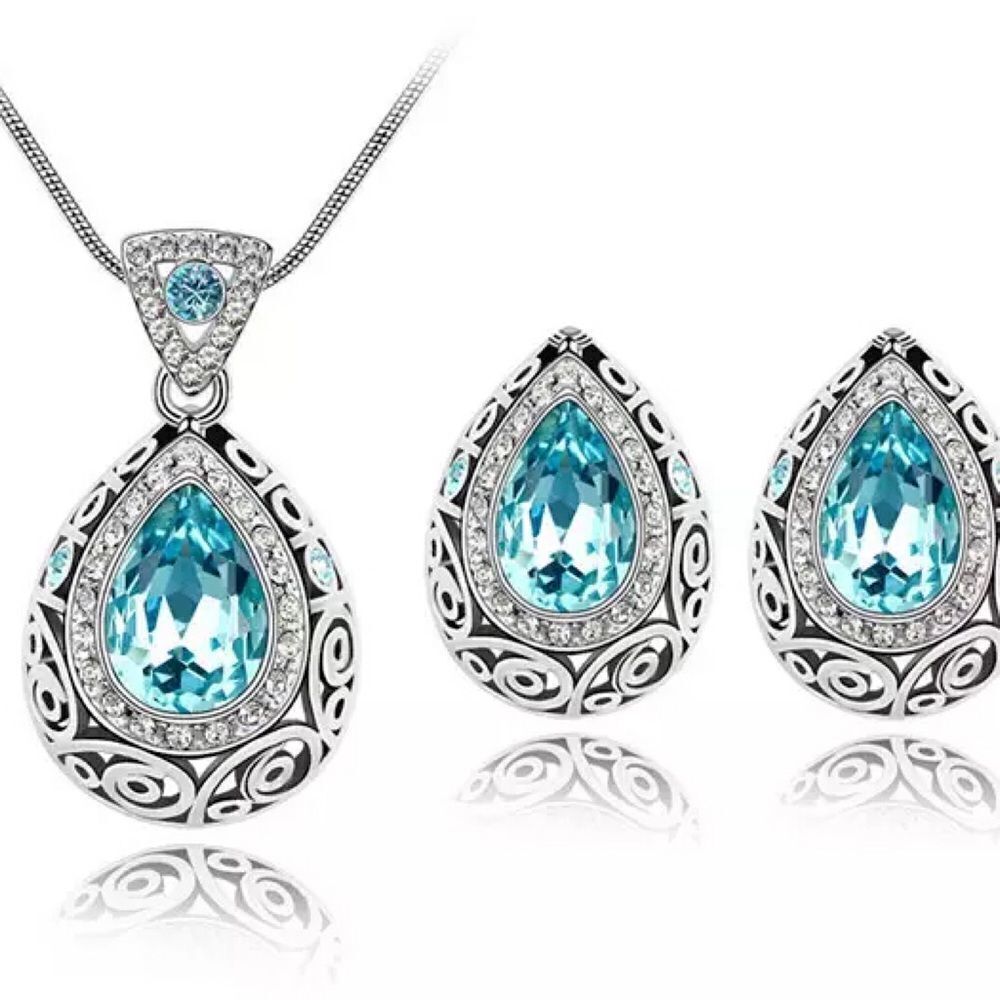 💎OS30💎 *NEW AQUAMARINE WATER DROP WITH CRYSTAL INSETS NECKLACE AND EARRING SET